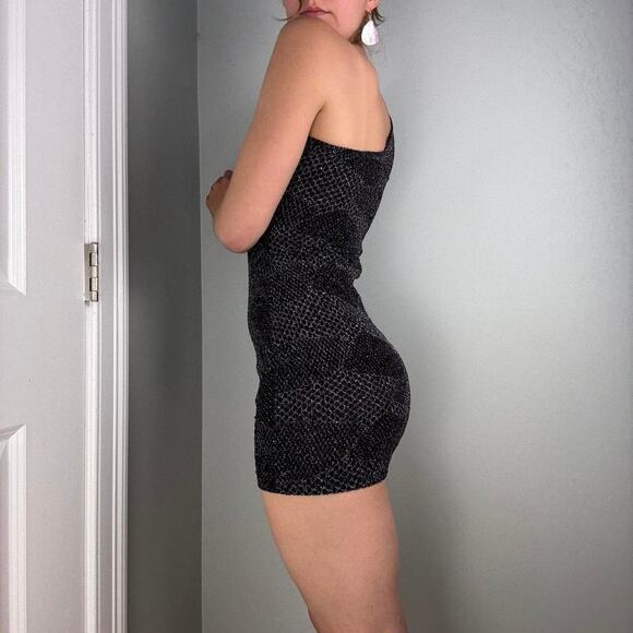 Black mesh one shoulder bodycon mini party dress silver sparkle - Picture 4 of 8